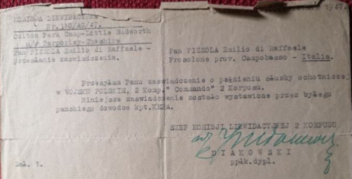 Zaświadczenie o służbie Emilio Pizzola w 2. Korpusie Polskim. (zbiory Raffaele Pizzola)