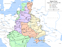 Mapa postępów wojsk sowieckich w latach 1943-44, za Wikipedia.