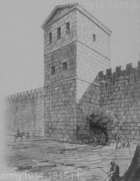 Rysunek przedstawiający próbę rekonstrukcji wyglądu starożytnych murów obronnych wykonany przez T. Finamore w 1942 roku. 