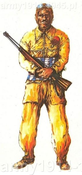 Libijski spadochroniarz Ascari – akwarela. Opublikowany na str. 232, Tom I, “Gli Anni ‘40”, Storia Illustrata della Guerra Italiana, Ciarrapico, wydanie Rzym 1980