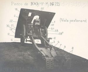 Haubica górska 100/17 Mod.916 widziana od tyłu przed demontażem. 