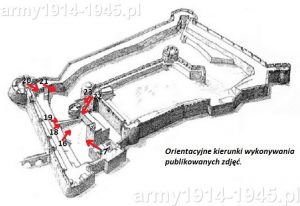 Orientacyjne kierunki wykonywania zdjęć dla zamieszczonych fotografii od 16 do 23. Jak widać z planu fortyfikacji rycerze zakonni najmniej zagrożeni czuli się od strony morza. 