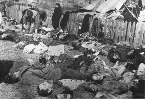 Zwłoki polskich mieszkańców wsi Lipniki w powiecie kostopolskim na Wołyniu. 26 marca 1943 roku Ukraińcy z oddziałów UPA zamordowali tam 182 osoby (wikipedia / Fotografia archiwalna z wystawy "Wołyń czas zaglady 1943-1945" w Muzeum Niepoleglosci w Warszawie)