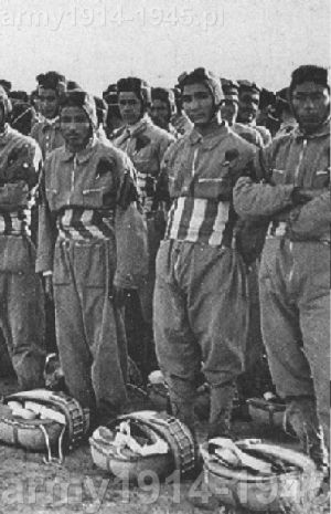 Libijscy spadochroniarze we włoskiej służbie, czyli „Ascari del Cielo”. Na brzuchu nosili charakterystyczny szeroki pas fascia distintiva RCTC (Regi Corpi Truppe Coloniali – Królewskiego Korpusu Wojsk Kolonialnych) w pionowe niebiesko-białe pasy. U ich stóp spadochrony Salvator D37. (Wikipedia)