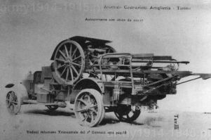 Już od 1919 r. prowadzono badania możliwości motoryzacji haubic 100/17. Na zdjęciu ze stycznia 1922 r. Jednym z pojazdów użytych do testów były ciężarowe Fiat 18.